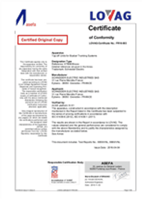 Podgląd Certyfikat zgodności IEC 61439-1 i IEC 61439-6 kasety odpływowe Canalis KTB0630