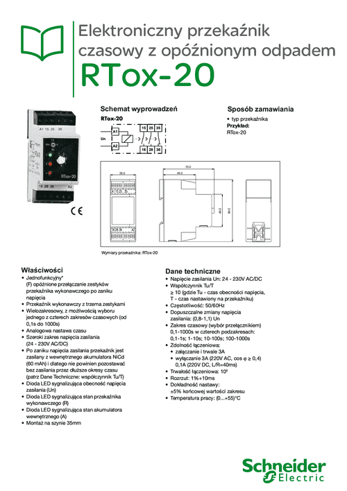 Podgląd Karta katalogowa elektroniczny przekaźnik czasowy z opóźnionym odpadem RTox-20