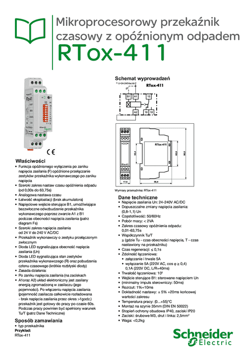 Podgląd Karta katalogowa mikroprocesorowy przekaźnik czasowy z opóźnionym odpadem RTox-411