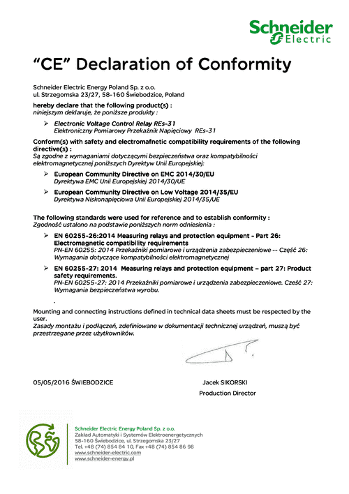 Podgląd Deklaracja zgodności przekaźnik do nadzoru kolejności faz REs-31