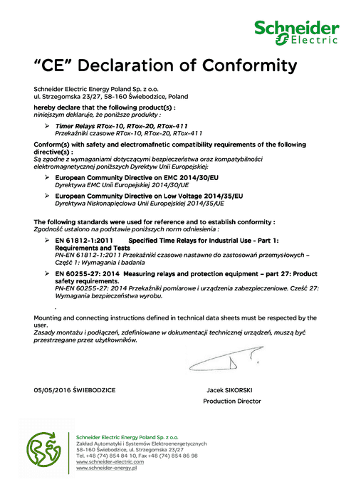 Podgląd Deklaracja zgodności elektroniczny przekaźnik czasowy z opóźnionym odpadem RTox-10 RTox-20 RTox-411