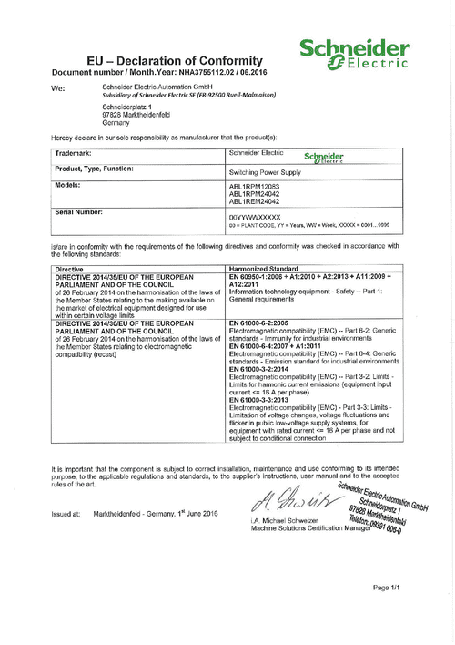 Podgląd Deklaracja zgodności zasilacze impulsowe ABL1RPM12083 ABL1RPM24042 AB1REM24042