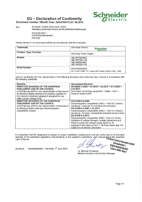 Podgląd Deklaracja zgodności zasilacze impulsowe ABL1RPM24xxx AB1REM24xxx