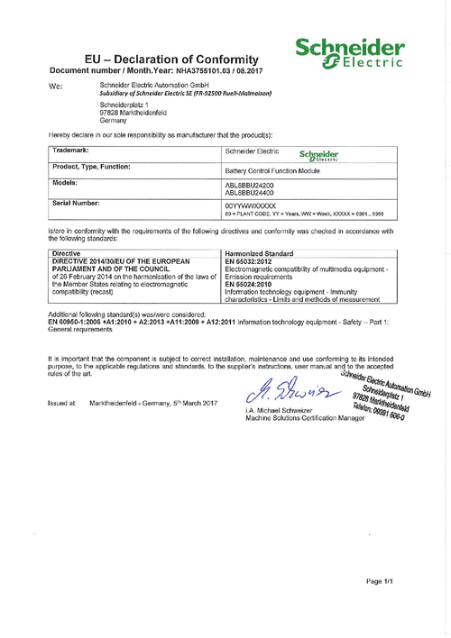 Podgląd Deklaracja zgodności moduły sterujące baterii ABL8BBU24x00