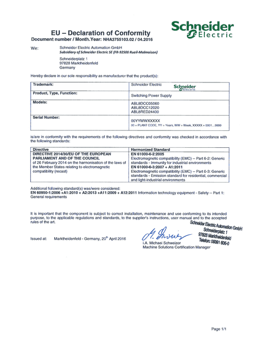 Podgląd Deklaracja zgodności zasilacze impulsowe ABL8DCCxxxxx ABL8RED24400