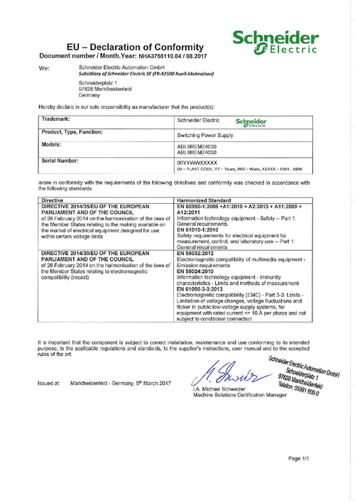 Podgląd Deklaracja zgodności zasilacze impulsowe ABL8REM240x0
