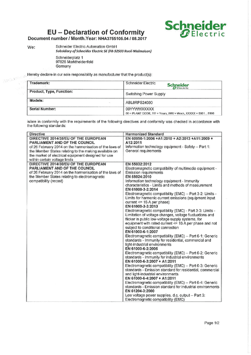 Podgląd Deklaracja zgodności zasilacz impulsowy ABL8RPS24030