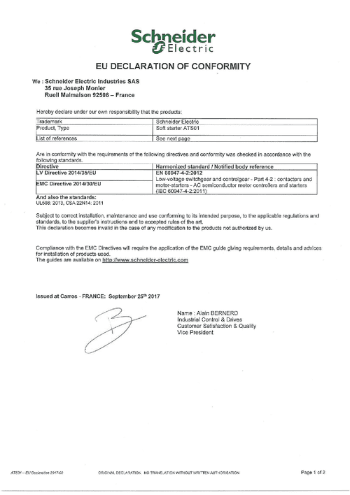 Podgląd Deklaracja zgodności softstart Altistart ATS01