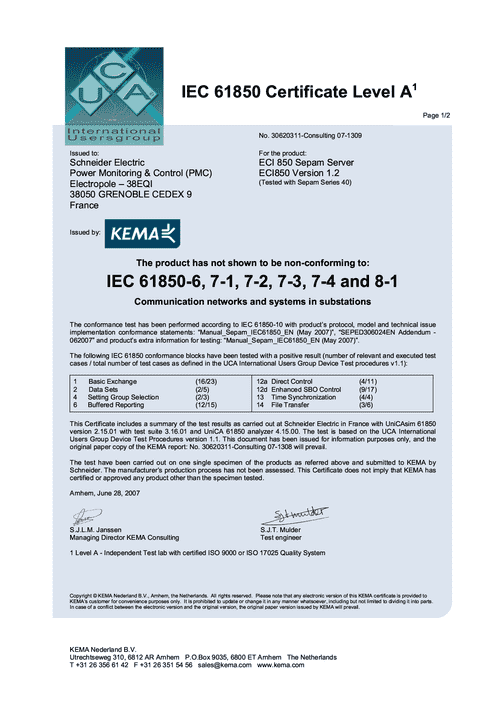 Podgląd Certyfikat IEC 61850 Sepam 40