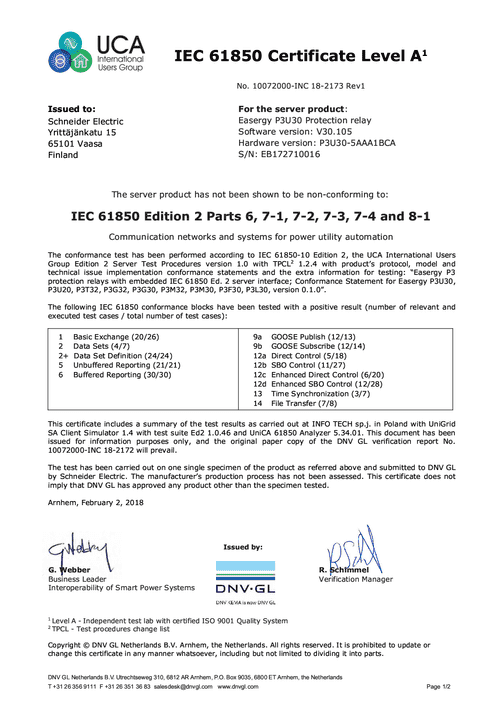 Podgląd Certyfikat IEC 61850 Easergy P3