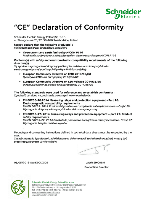 Podgląd Deklaracja zgodności MiCOM P116