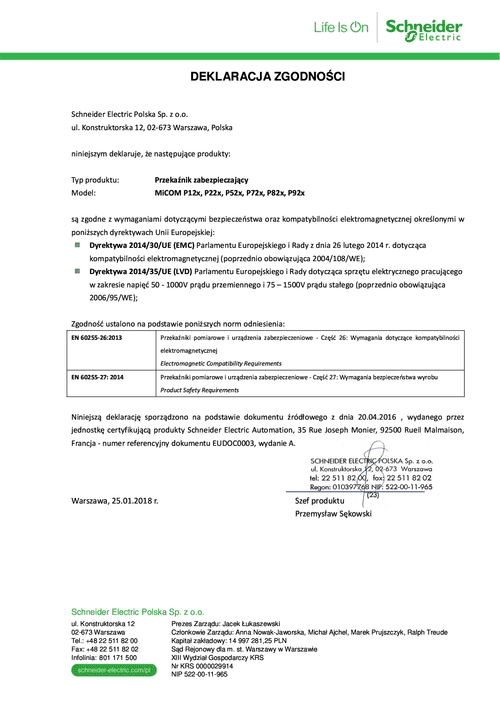 Podgląd Deklaracja zgodności MiCOM P12x, P22x, P52x, P72x, P82x, P92x