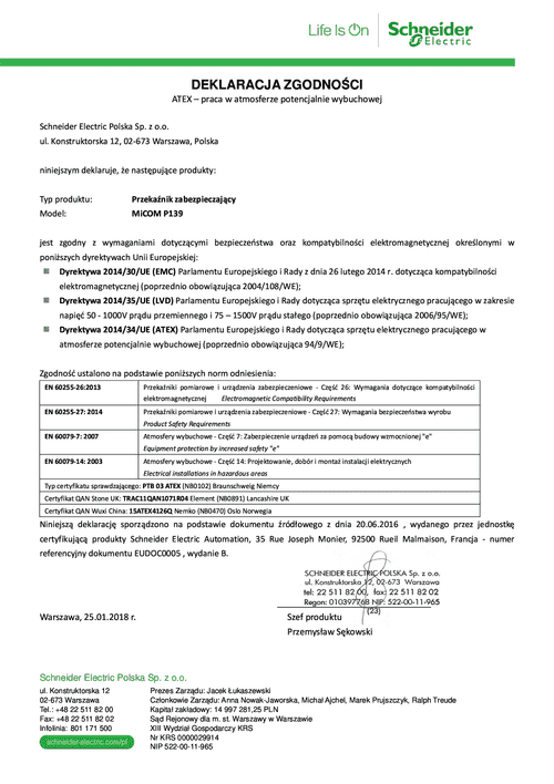 Podgląd Deklaracja zgodności ATEX MiCOM P139