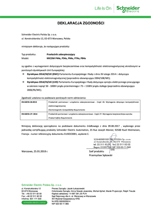 Podgląd Deklaracja zgodności MiCOM P44x, P54x, P64x, P74x, P84x
