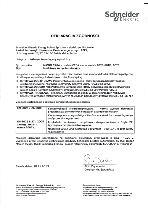 Podgląd Deklaracja zgodności MiCOM C264